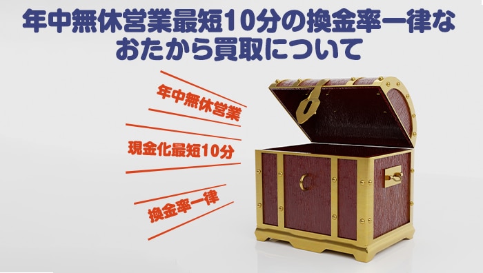 まとめ：年中無休営業最短10分の換金率一律なおたから買取について