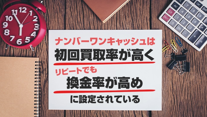 ナンバーワンキャッシュは初回買取率が高くリピートでも換金率が高めに設定されている